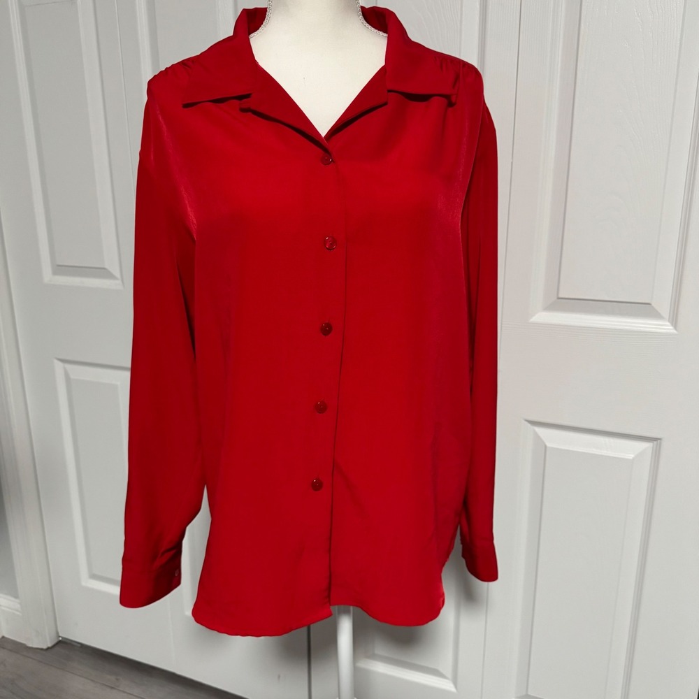 Anna Red Button Down Blouse Long Sleeve Pointed Collar Top Large Vintage 90s